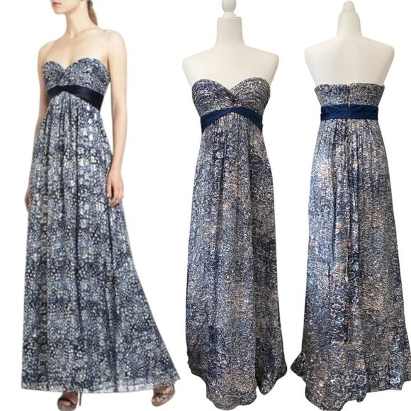 BCBGMaxAzria Dresses & Skirts - BcbgMaxazria Silk Abstract Floral Print Empire Maxi Long Dress Chiffon Gown Navy